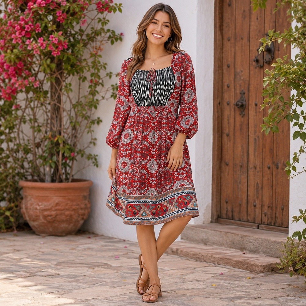 Red Boho Paisley Peasant Mini Dress Cottagecore Prairie Festival Romantic XL
